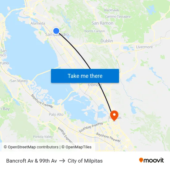 Bancroft Av & 99th Av to City of Milpitas map