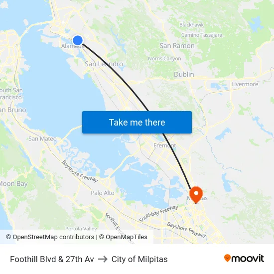 Foothill Blvd & 27th Av to City of Milpitas map