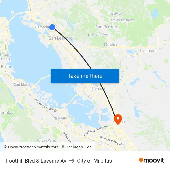 Foothill Blvd & Laverne Av to City of Milpitas map