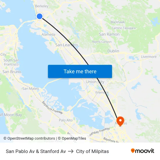 San Pablo Av & Stanford Av to City of Milpitas map