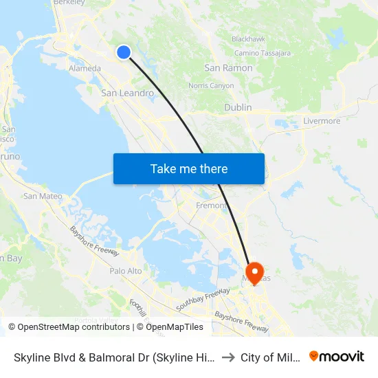 Skyline Blvd & Balmoral Dr (Skyline High School) to City of Milpitas map