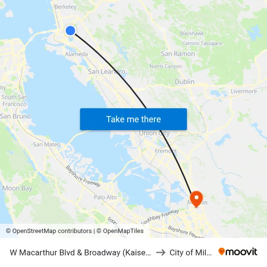 W Macarthur Blvd & Broadway (Kaiser Hospital) to City of Milpitas map