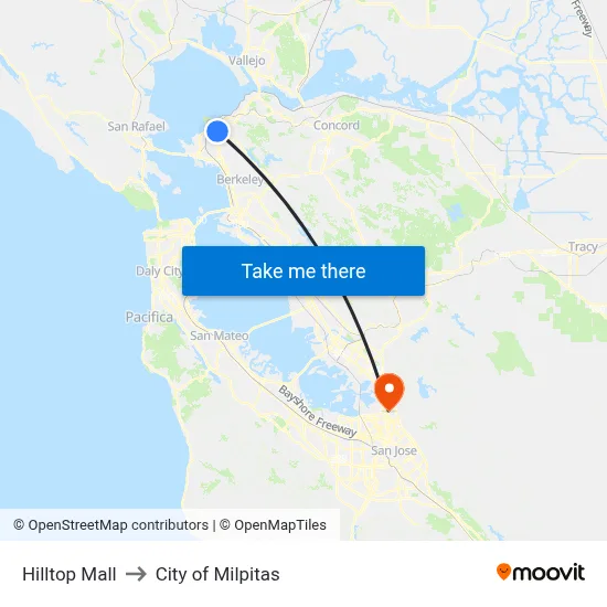 Hilltop Mall to City of Milpitas map
