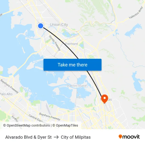 Alvarado Blvd & Dyer St to City of Milpitas map