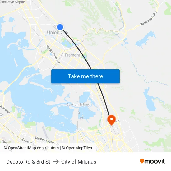 Decoto Rd & 3rd St to City of Milpitas map
