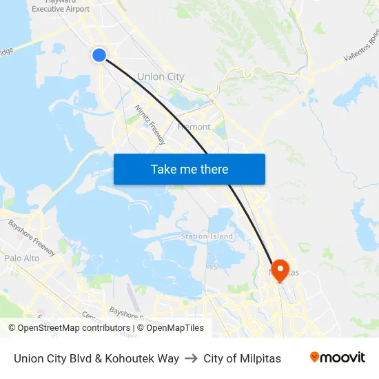 Union City Blvd & Kohoutek Way to City of Milpitas map
