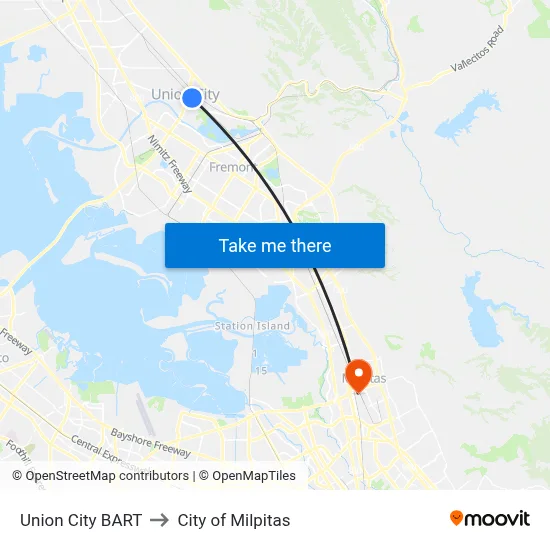 Union City BART to City of Milpitas map