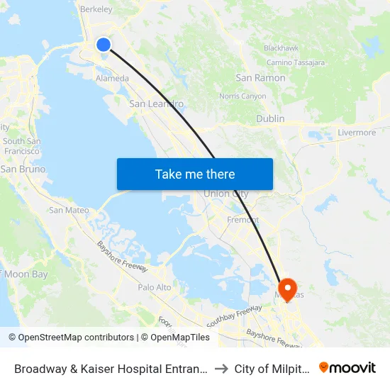 Broadway & Kaiser Hospital Entrance to City of Milpitas map