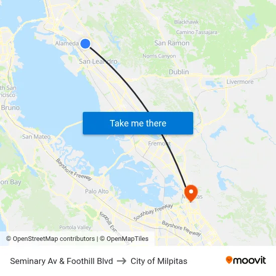 Seminary Av & Foothill Blvd to City of Milpitas map