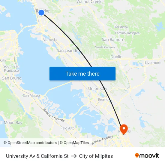 University Av & California St to City of Milpitas map