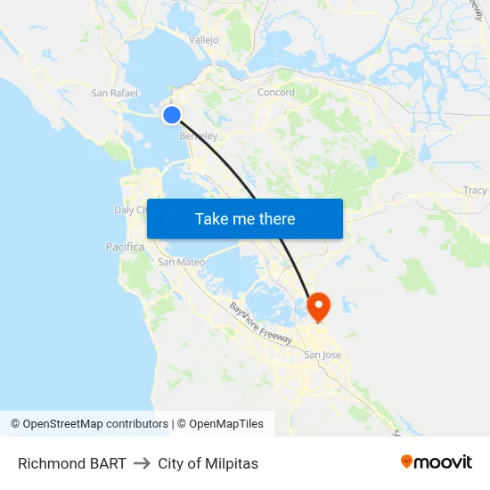Richmond BART to City of Milpitas map