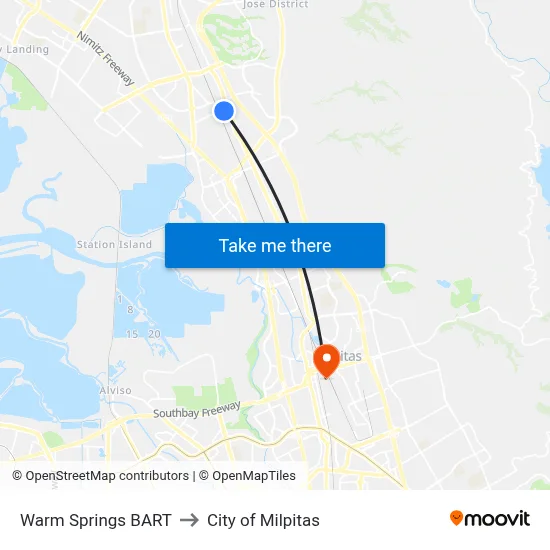 Warm Springs BART to City of Milpitas map