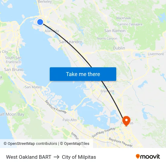 West Oakland BART to City of Milpitas map