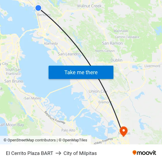El Cerrito Plaza BART to City of Milpitas map