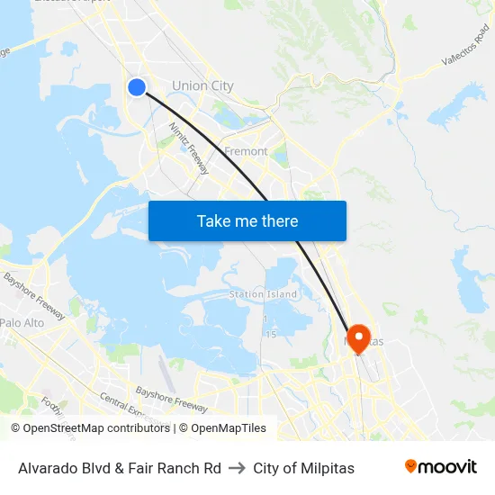 Alvarado Blvd & Fair Ranch Rd to City of Milpitas map
