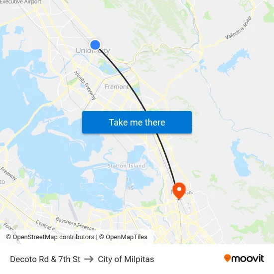 Decoto Rd & 7th St to City of Milpitas map