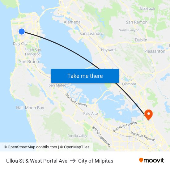 Ulloa St & West Portal Ave to City of Milpitas map