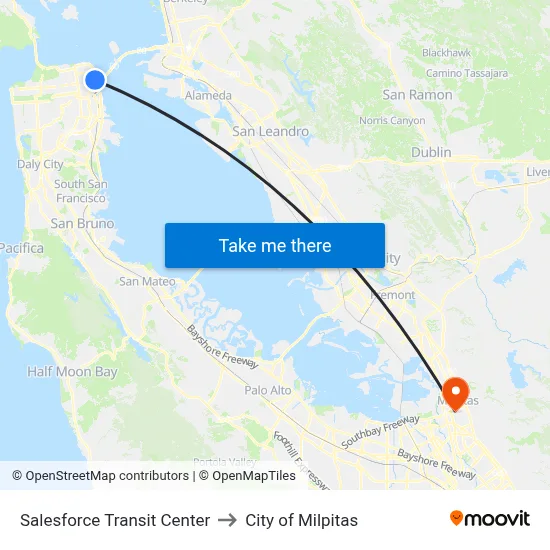 Salesforce Transit Center to City of Milpitas map