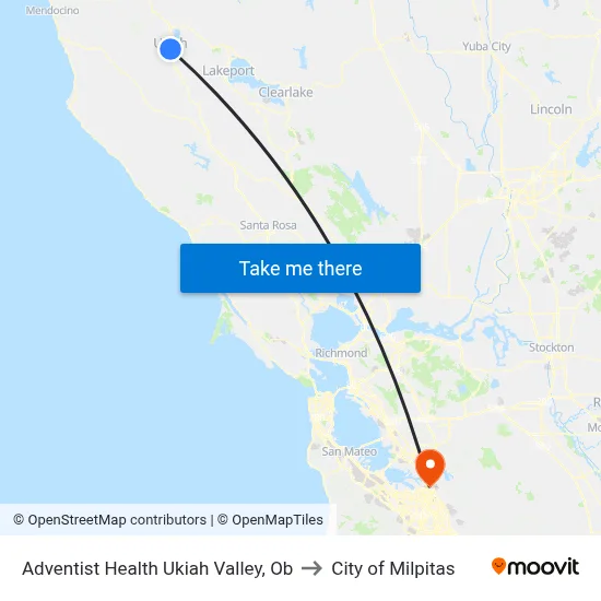 Adventist Health Ukiah Valley, Ob to City of Milpitas map