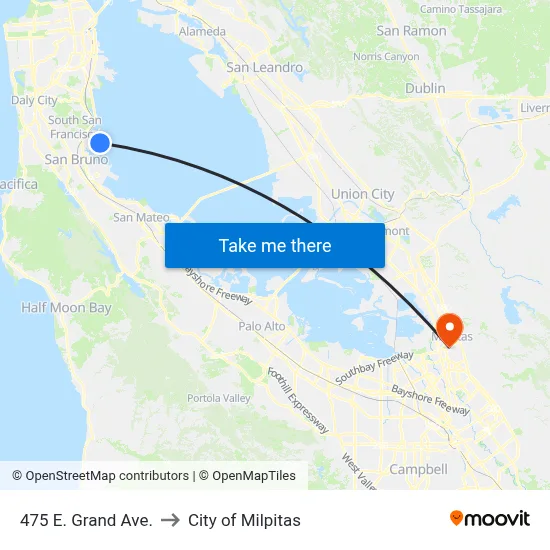 475 E. Grand Ave. to City of Milpitas map