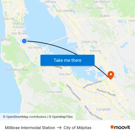 Millbrae Intermodal Station to City of Milpitas map