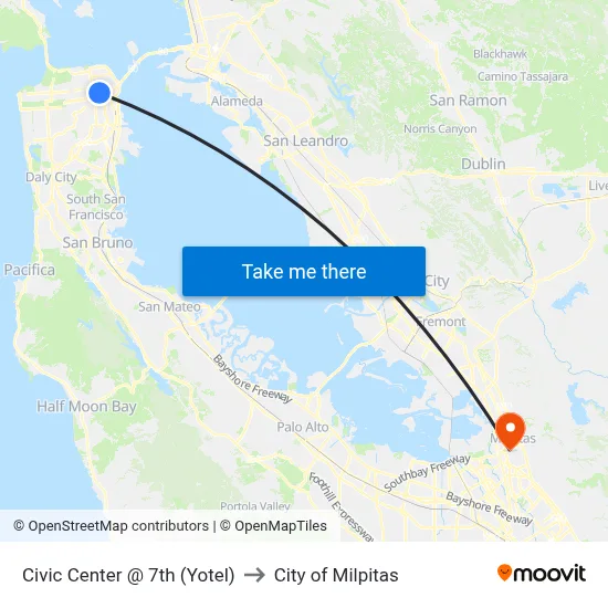 Civic Center @ 7th (Yotel) to City of Milpitas map