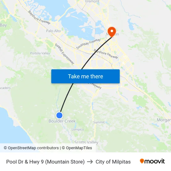 Pool Dr & Hwy 9 (Mountain Store) to City of Milpitas map