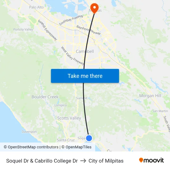 Soquel Dr & Cabrillo College Dr to City of Milpitas map