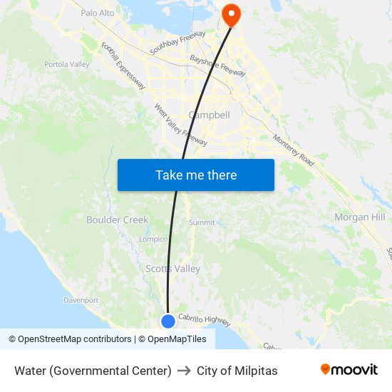 Water (Governmental Center) to City of Milpitas map