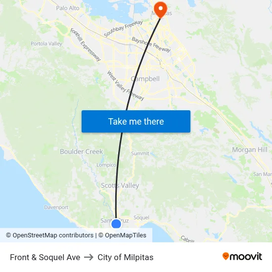 Front & Soquel Ave to City of Milpitas map