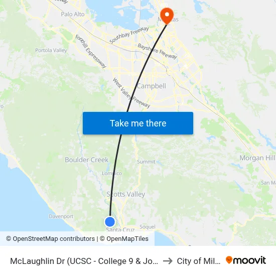 McLaughlin Dr (UCSC - College 9 & John R. Lewis) to City of Milpitas map