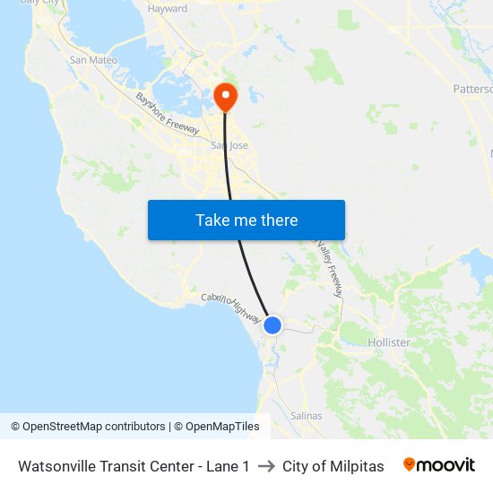 Watsonville Transit Center - Lane 1 to City of Milpitas map