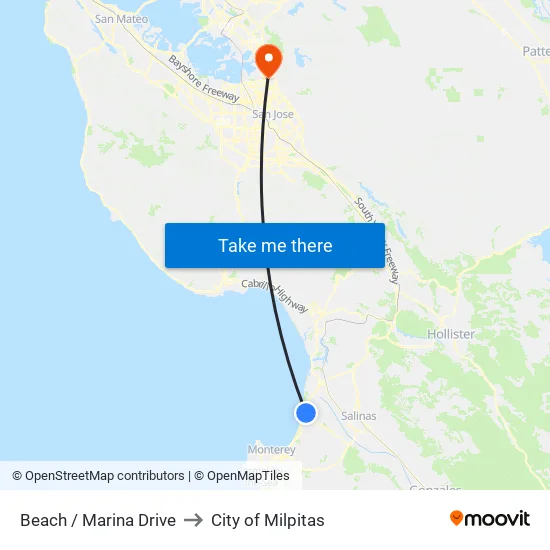 Beach / Marina Drive to City of Milpitas map