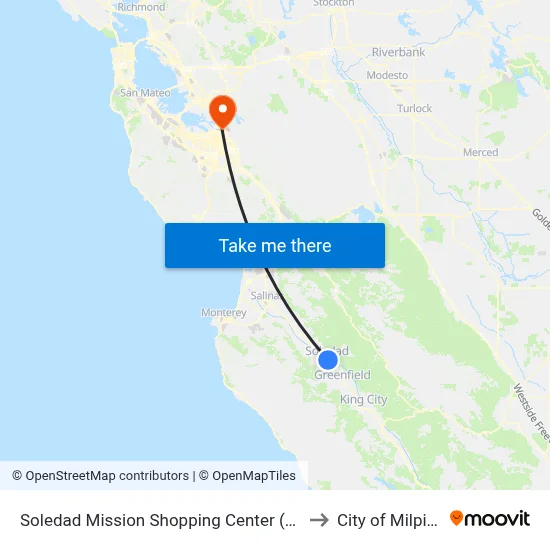 Soledad Mission Shopping Center (East) to City of Milpitas map
