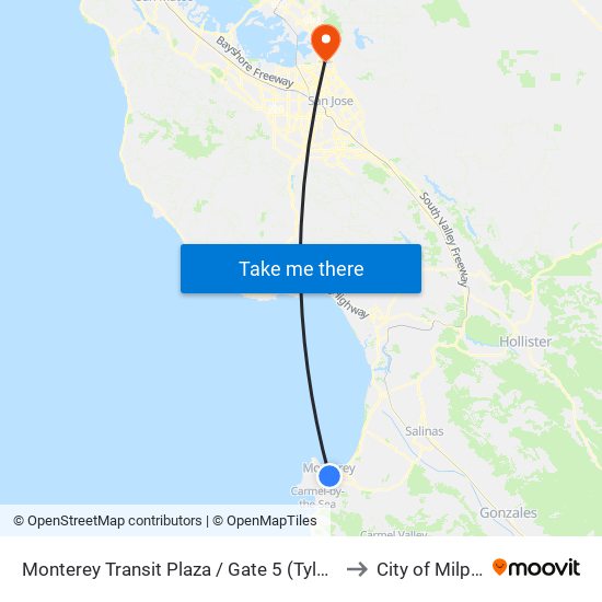 Monterey Transit Plaza / Gate 5 (Tyler/Pearl) to City of Milpitas map