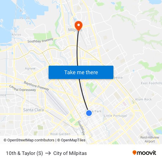 10th & Taylor (S) to City of Milpitas map