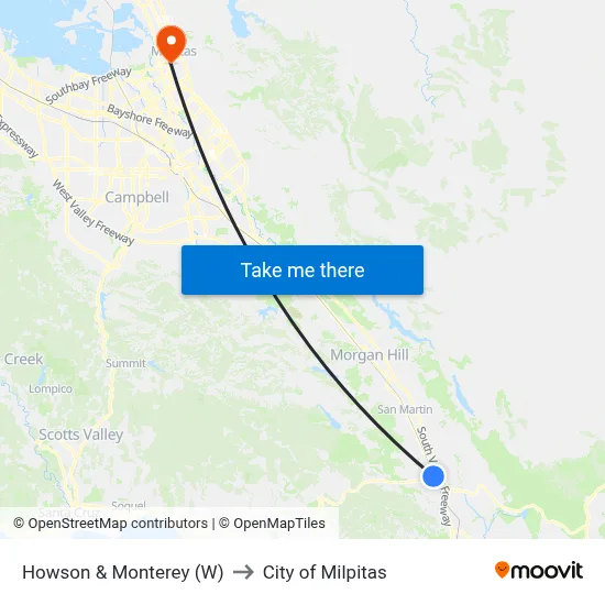 Howson & Monterey (W) to City of Milpitas map