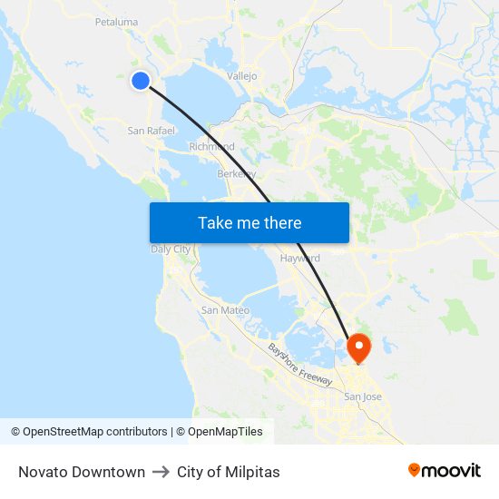 Novato Downtown to City of Milpitas map