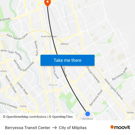 Berryessa Transit Center to City of Milpitas map