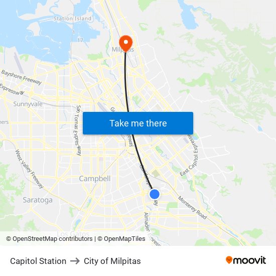 Capitol Station to City of Milpitas map