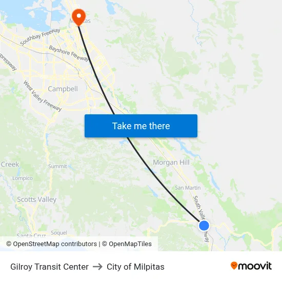 Gilroy Transit Center to City of Milpitas map