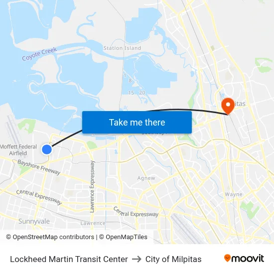 Lockheed Martin Transit Center to City of Milpitas map