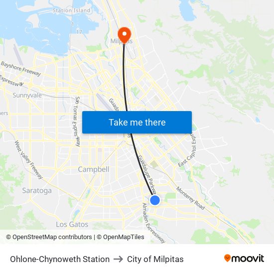 Ohlone-Chynoweth Station to City of Milpitas map