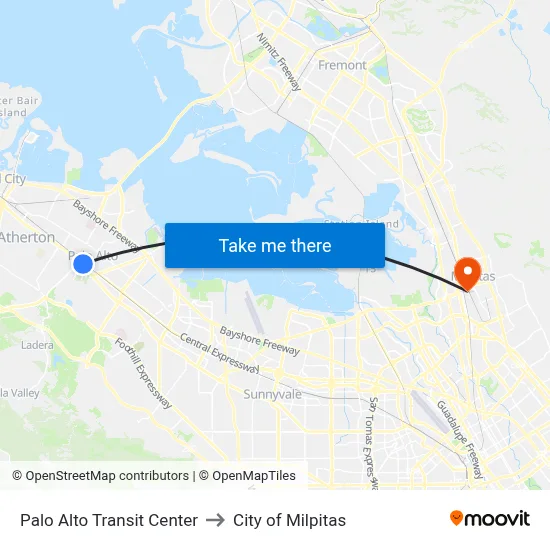 Palo Alto Transit Center to City of Milpitas map