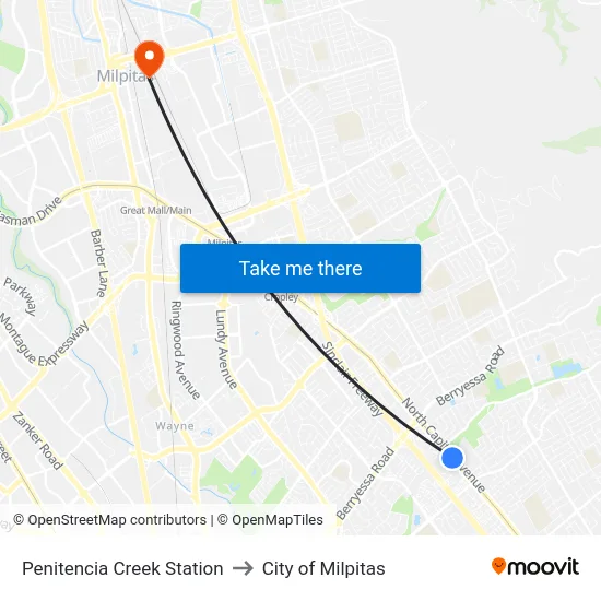 Penitencia Creek Station to City of Milpitas map