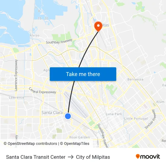 Santa Clara Transit Center to City of Milpitas map