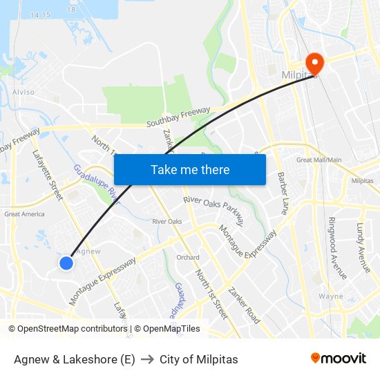 Agnew & Lakeshore (E) to City of Milpitas map