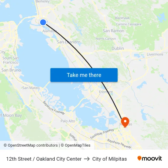 12th Street / Oakland City Center to City of Milpitas map