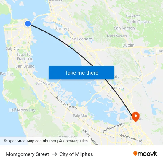 Montgomery Street to City of Milpitas map