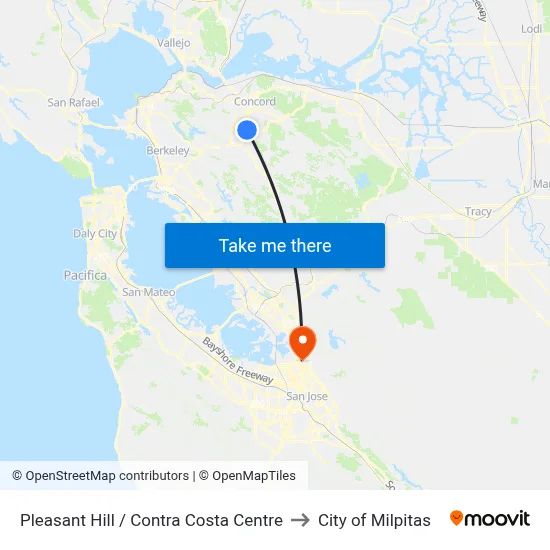 Pleasant Hill / Contra Costa Centre to City of Milpitas map